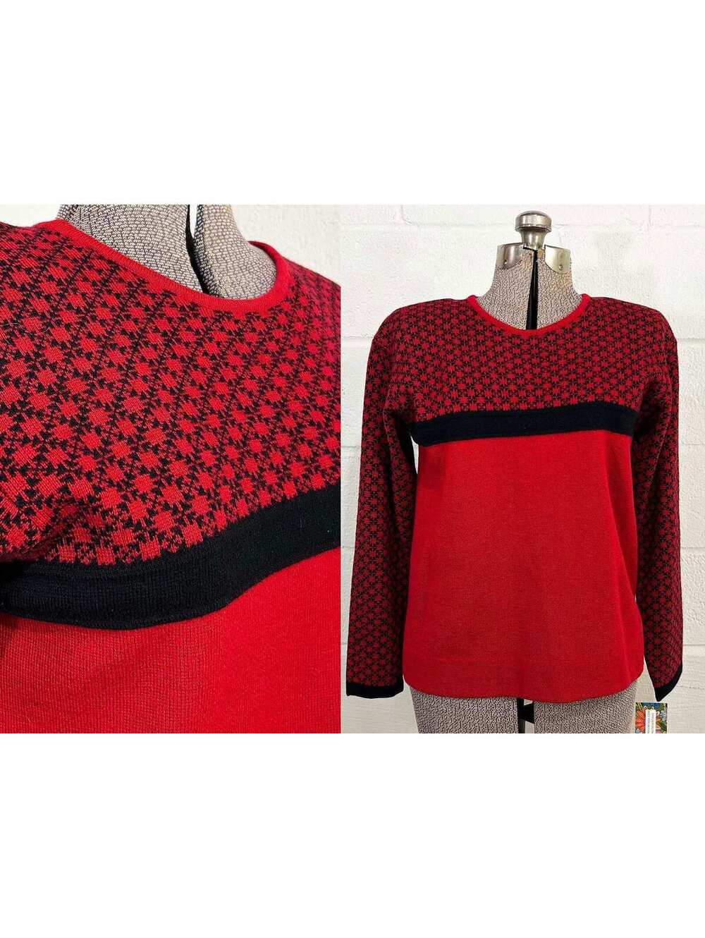 Vintage Fair Isle Red Sweater Black GAP Merino Wool 1980s 1990s Large